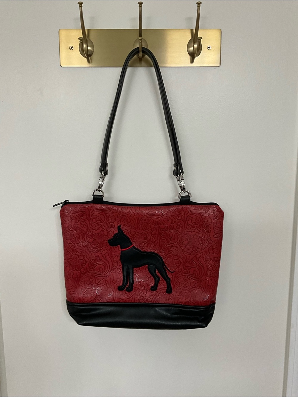Red and Black Shoulder Bag with Dog Silhouette of Doberman Pincsher